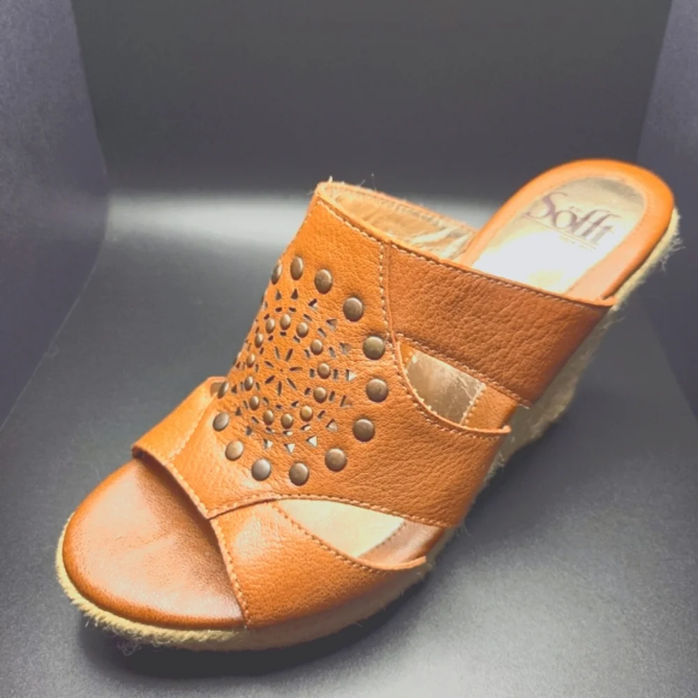Söfft Leather Studded Cutout Espadrille Wedge Mule Sandals 6.5M Cognac